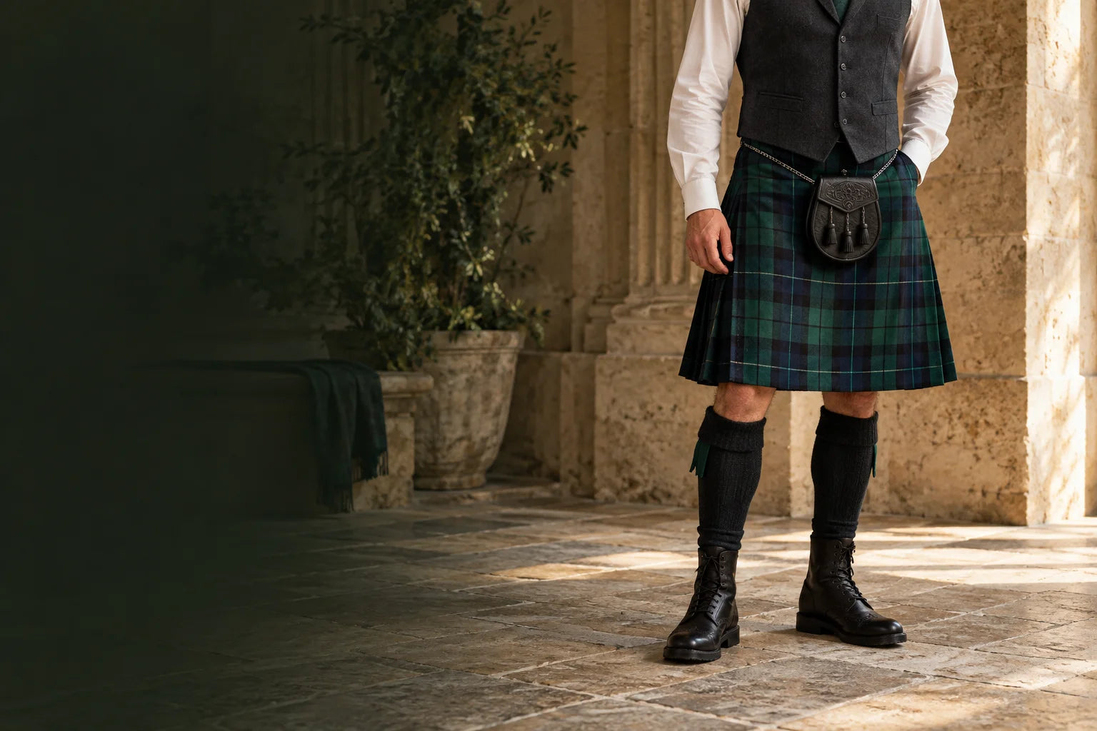 Illustrative styling concept: a green tartan kilt with a charcoal waistcoat