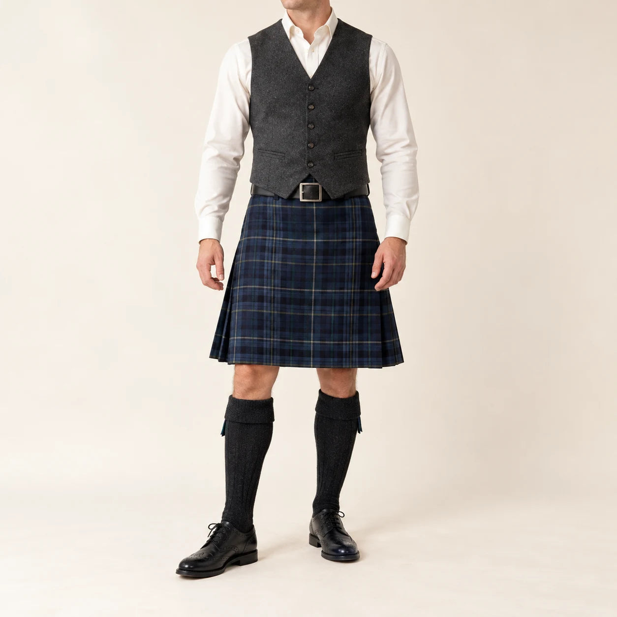 Illustrative coordinated tartan kilt outfit with shirt and waistcoat